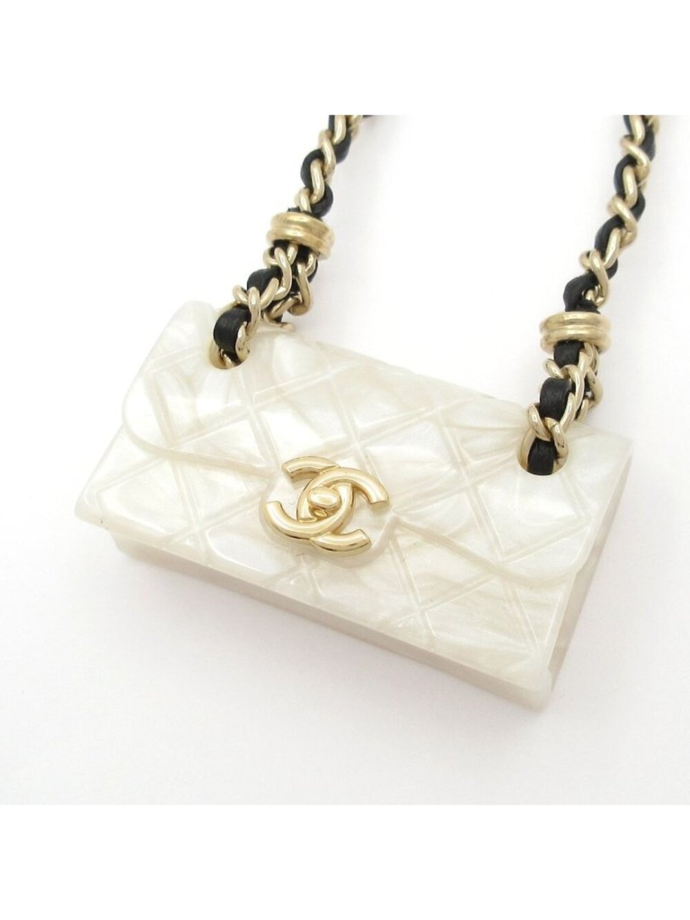 Chanel Necklace Leather White Gold Black Quilted Bag Motif
